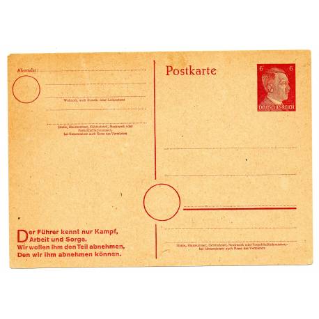 Carte postale allemande 6 pfennig rouge avec devise